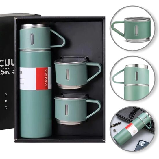 Термос подарочный набор с 3 чашками, зеленый